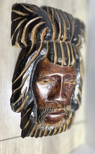 Vintage Dan Style African Mask Hand Carved Wood Raffia Wall Decor Unique picture