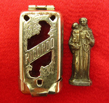 Vintage SAINT ANTHONY & JESUS Pocket Shrine MINI STATUE & HOLDER Catholic Travel picture