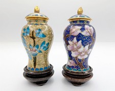 Vintage Chinese Cloisonne Miniature Lidded Jars Pair Floral Enamel Urns Tiny picture