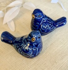A Pair Of Blue Ceramic Bird Figurine Portugal Handmade Collectible 3.2