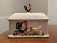 Vintage KMC Rooster Bread Box rare Sunflowers Farmhouse Rooster 3D Covered Lid picture