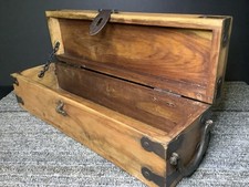 Vintage Hardwood Iron Bound Storage Box Chest Rustic Wooden Trunk 14.5