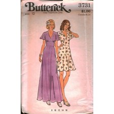 Vintage Butterick 3731 Misses Dress Sewing Pattern Size 12 V-Neck Maxi Short 70s picture