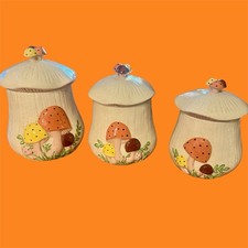 Vintage MCM 1980s Merry Mushroom Canisters with Lids Ceramic Set of 3 picture