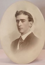 Antique 1900s Oval Mat Photo Portrait Handsome Young Man Suit Tie Sign Studio picture