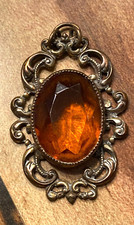Vintage Goldtone Amber Glass Filigree Pendant Necklace Jewelry 1 1/2