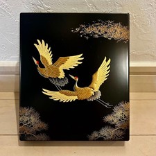 Urushi Lacquer Writing Box Makie Crane Pine Japanese Antique 14.5cm x 17cm picture