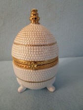 OPALESCENT WHITE EGG TRINKET BOX 6” ceramic gold trim dresser jewelry ring case picture