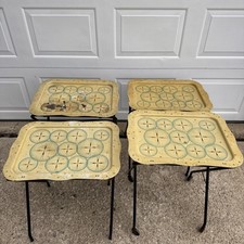 Vintage Unique MCM Atomic 4 Folding Metal TV Tray Blue Starburst Metal Set RARE picture