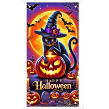 BlissYard Halloween Black Cat Door Cover 35x71 Inch Polyester picture