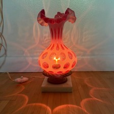 Vintage Fenton Opalescent Coin Dot Cranberry Boudoir Glass Lamp Light Marble bas picture