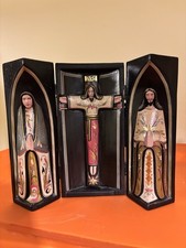 Wood carved triptych altar icon etched 3 panel hand painted 9 X 6” picture