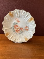 Vintage German Porcelain Lusterware Serving Plate PeachRoseScalloped EmbossedRim picture