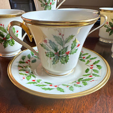 Lenox Holiday Holly Tea Cup & Saucer Set White Gold Trim Painted Floral picture