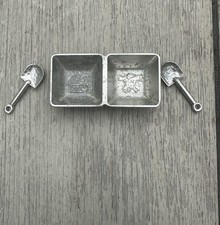 Vintage Style Pewter Double Open Salt Cellar 2 Miniature Shovel Spoons  picture