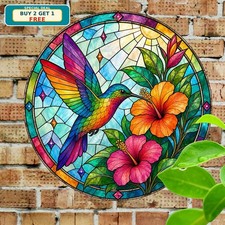 Rainbow Hummingbird Tropical Flowers Round Tin Sign Hummingbird Lover Wall Gift picture