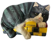 Cast Iron Cat Doorstop Lying On Tom Sawyer & Gardening Books Heavy picture