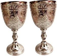 Brass Goblet Wine Glass Set, 7 oz Embossed Champagne Flutes, 2 Pieces picture