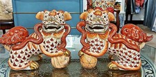 Pair Of Rust Red, White Porcelain Chinese Foo Dogs. Hand Painted (6.5