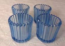 Vtg Set 4 Blue Glass Candle Holder Votive Cup Ribbed Lot MCM BOHO With Candles picture