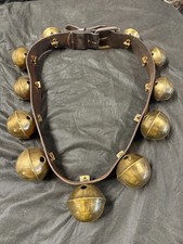 Vintage 11 Graduated Numbered Cast Brass Sleigh Bells Leather Strap #6-12 picture