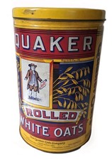 Vintage Quacker Oats Tin 1984 Rolled White Oates Metal Canister Yellow Red picture