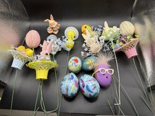 Vtg Easter Craft Pick Tin Litho Egg Lot Chenille Chick Bunny Flower Decor picture