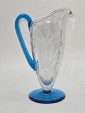 Steuben Celeste Blue Art Glass Creamer Acid Etched Floral Applied Handle 7” picture