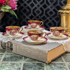 Antique Royal EPIAG Demitasse Cups Saucers Set 4 Pearl Lustre Red 24K Gold Czech picture