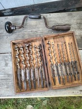 Vintage IRWIN 13 Pc Auger Bit Set Wood Box + Hand Brace Drill USA Complete picture