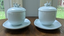 Vtg pair of Japanese celadon lidded tea cups & saucers, with twin duck finial picture