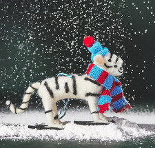 Anthropologie Bundled Up Tiger Ornament Snowshoes Scarf White Cat Snow Sport NEW picture