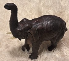 Vintage Leather Wrapped Elephant Figurine India Raised Trunk Tusks Handmade picture