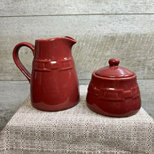 Longaberger Pottery Woven Traditions Paprika Creamer & Covered Sugar Bowl Set picture