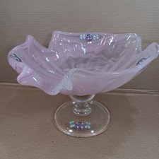 Vintage Handblown Pink Swirl Ruffle Pedestal Glass Bowl picture