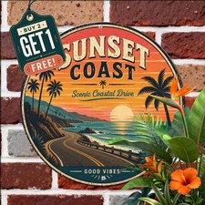 Beautiful Coastal Beach Ocean Sunset Graphic Round Metal Tin Sign Wall Plaque picture