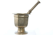 Large Early Antique Ornate Brass Mortar and Pestle picture