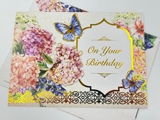 Elegant Floral Birthday Card Gold Foil Hydrangeas Butterflies Greeting picture