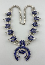 Vtg Zuni Navajo Sterling Silver Needlepoint Lapis Lazuli Squash Blossom Necklace picture