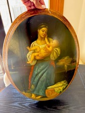 Antique Virgin Mary Hand Painted Wood Plaque Gilded  Frame 19thC From Italy Sign picture