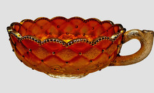 Vtg Marigold Carnival Glass Pansy Quilted Diamond Nappy Handle Bowl w/Beaded Rim picture