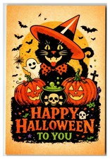 Vintage Style Happy Halloween Black Cat Witch Hat Pumpkins Postcard picture