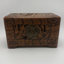Vintage Handcrafted Camphor Wooden Chest Jewelry Box w/Brass Tone Swing Latch picture