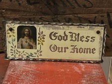 Vtg Scalloped Chippy Edge Reverse Painted Mirror God Bless Our Home Sign w Jesus picture