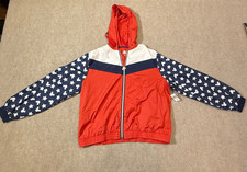 Disney Women Rain Jacket L Red White Blue Hood Full Zip Pockets Retro NWT picture
