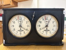 USSR Rare Vintage Dual Desktop Black Mechanical Working Alarm Clock, Tourn Chess picture