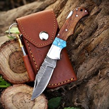 Handmade Damascus Pocket Knife Rosewood Turquoise Handle Leather Sheath sharpene picture