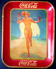 VTG 1937 COCA COLA METAL TRAY WOMAN RUNNING IN BATHING SUIT ADVERTISING picture