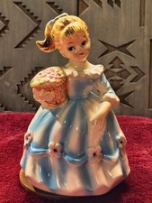 Vtg 1950s Ceramic Girl Musical Figurine Blue Dress Ponytail w/Flower Basket 1950 picture