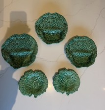 Antique French Majolica Barbotine Green Cabbage Leaf Plates Set of 5 c.1900 picture